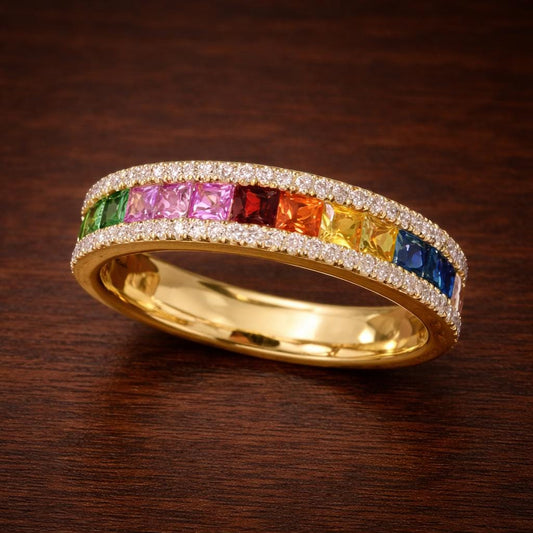 Rainbow CZ Stackable Eternity Ring, Silver Gold Color Band, Trendy Colorful Jewelry