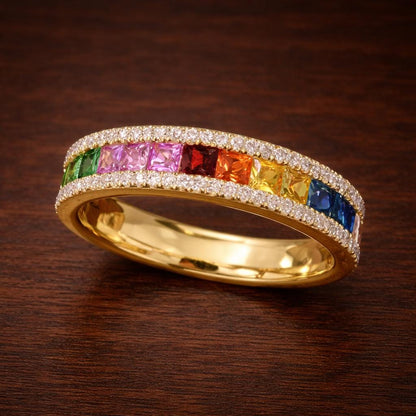 Rainbow CZ Eternity Ring, Silver Gold Color Stackable Band, Colorful Statement Jewelry