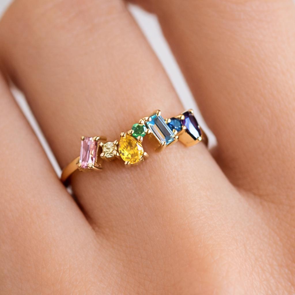 Geometric Rainbow CZ Ring, Paved Multi-Color Band, Modern Statement Jewelry