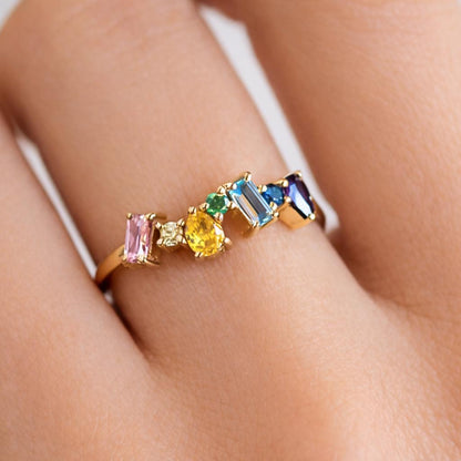 Geometric Rainbow CZ Ring, Paved Multi-Color Band, Modern Statement Jewelry