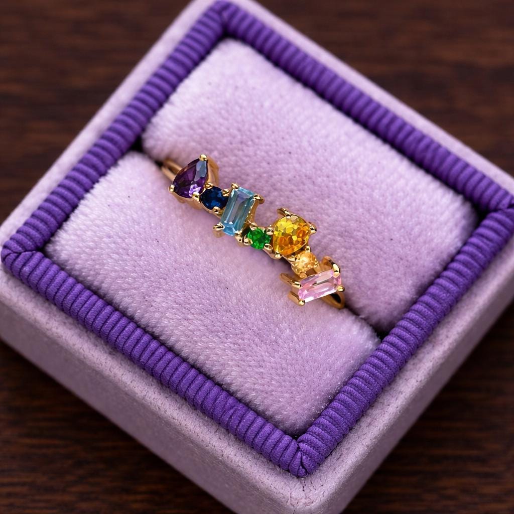 Geometric Rainbow CZ Ring, Paved Multi-Color Band, Modern Statement Jewelry