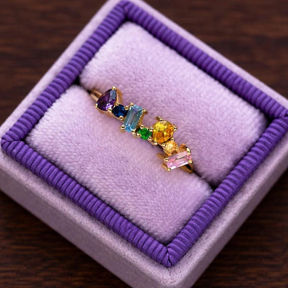 Geometric Rainbow CZ Ring, Paved Multi-Color Band, Modern Statement Jewelry
