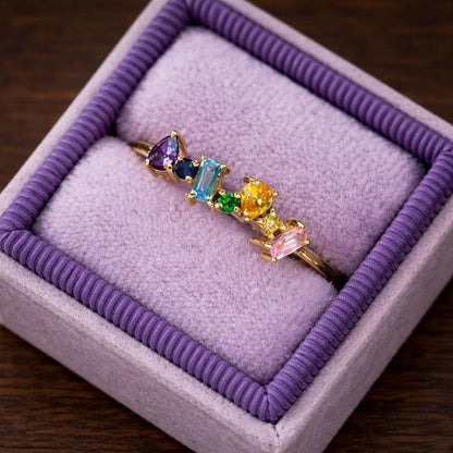 Geometric Rainbow CZ Ring, Paved Multi-Color Band, Modern Statement Jewelry