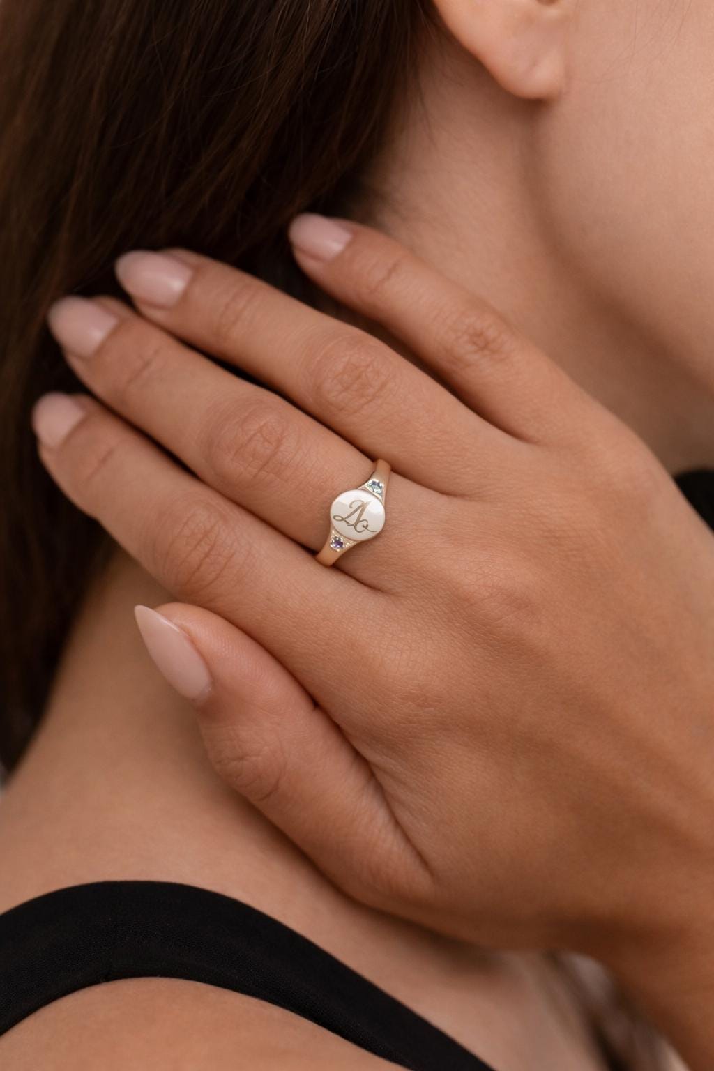 Personalized Gold Signet Ring: Custom Birthstone Letter Engraving for Couples