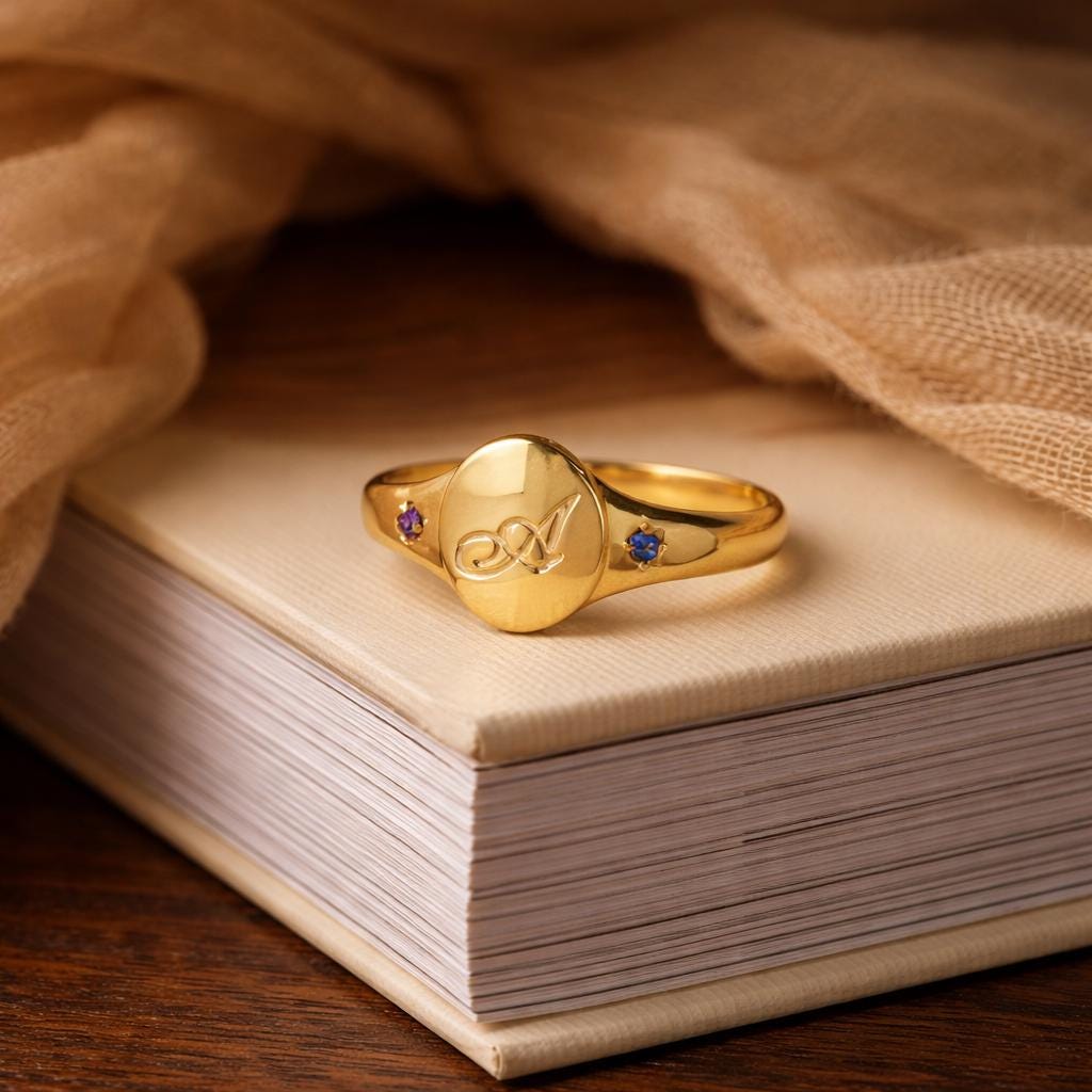 Personalized Gold Signet Ring: Custom Birthstone Letter Engraving for Couples