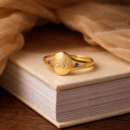 Personalized Gold Signet Ring: Custom Birthstone Letter Engraving for Couples