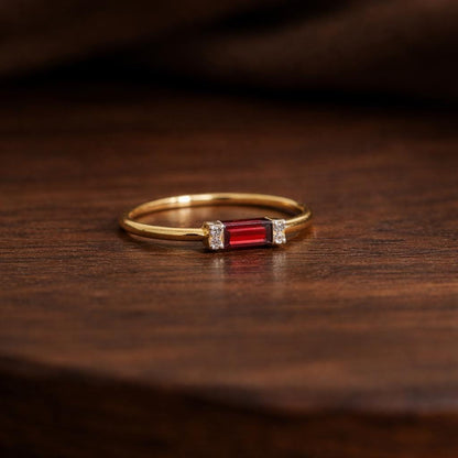 Garnet Baguette Stacking Ring: Gold Plated Stainless Steel Minimalist Band