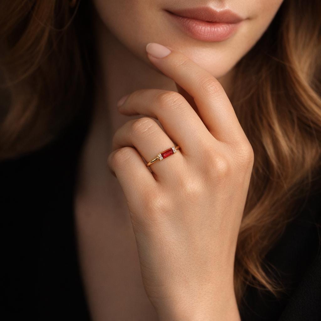 Garnet Baguette Stacking Ring: Gold Plated Stainless Steel Minimalist Band