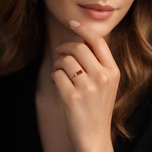Garnet Baguette Stacking Ring: Gold Plated Stainless Steel Minimalist Band