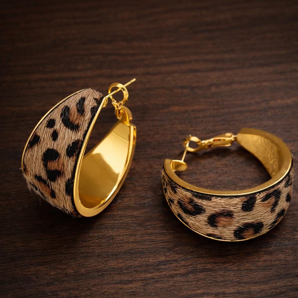 Leopard Print Flocked Fabric Hoop Earrings, Vintage Style Statement Jewelry for Parties
