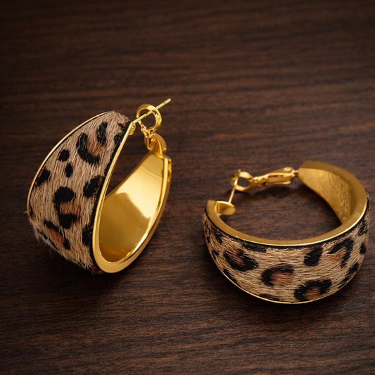Vintage Leopard Print Flocked Fabric Hoop Earrings, Elegant Statement Party Jewelry