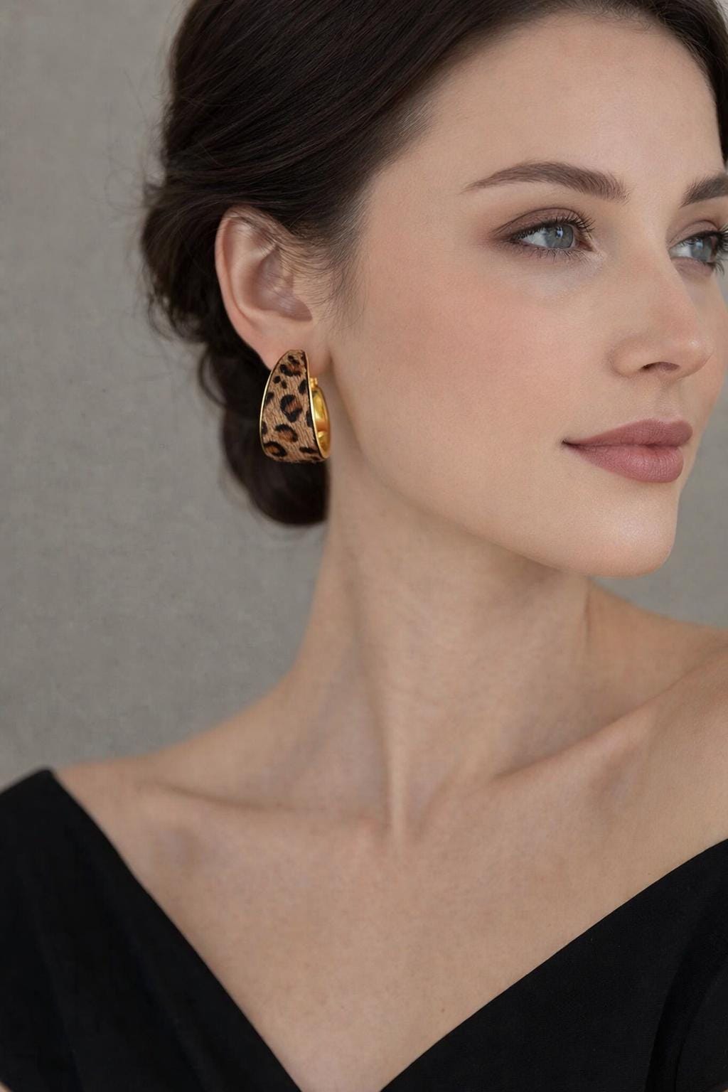 Leopard Print Flocked Fabric Hoop Earrings, Vintage Style Statement Jewelry for Parties