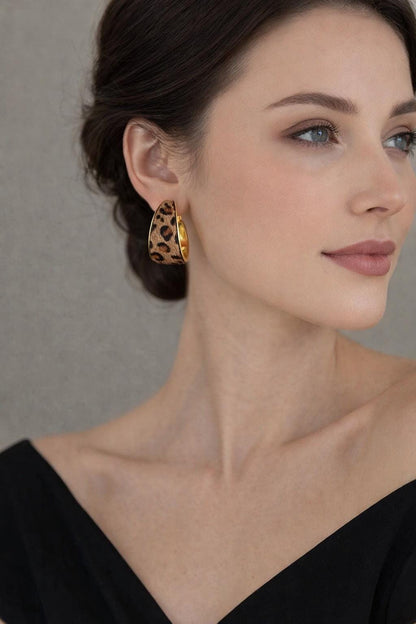 Leopard Print Flocked Fabric Hoop Earrings, Vintage Style Statement Jewelry for Parties