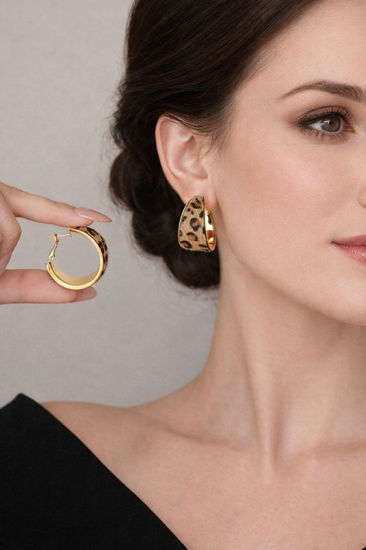 Leopard Print Flocked Fabric Hoop Earrings, Vintage Style Statement Jewelry for Parties