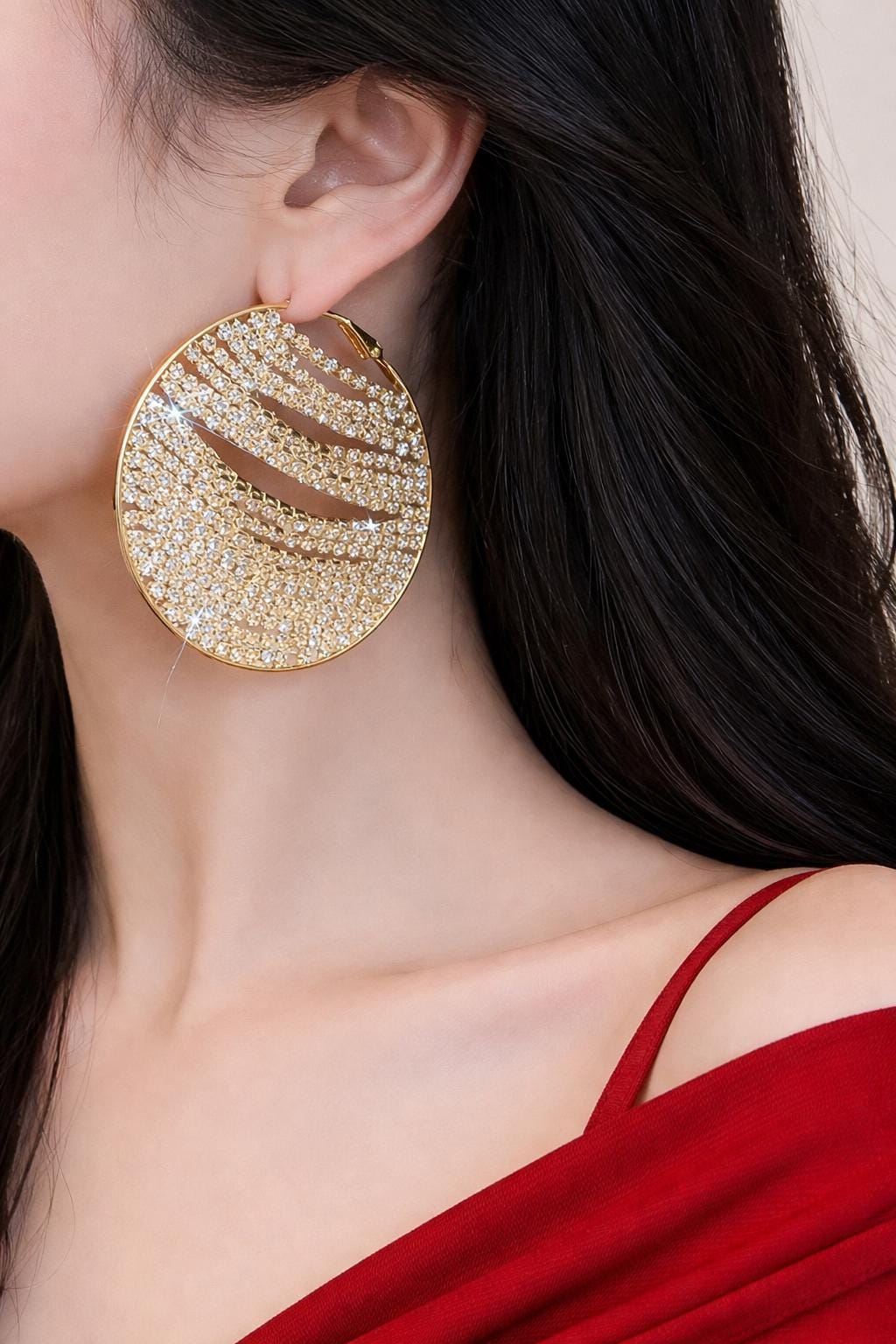 Shiny Gold Tone Rhinestone Circle Hoop Earrings, Large Statement Wedding Party Jewelry