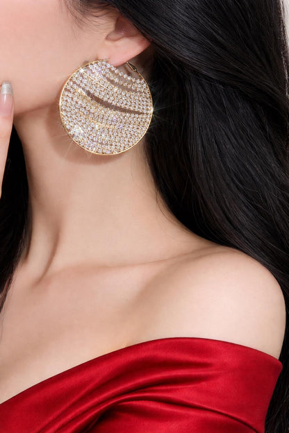 Shiny Gold Tone Rhinestone Circle Hoop Earrings, Large Statement Wedding Party Jewelry