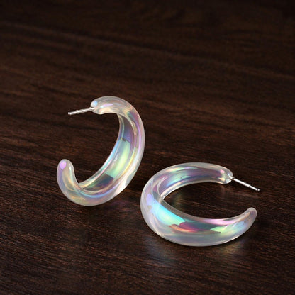 Transparent C-Shaped Hoop Earrings, Mermaid Iridescent Acrylic Lightweight Fashion Jewelry