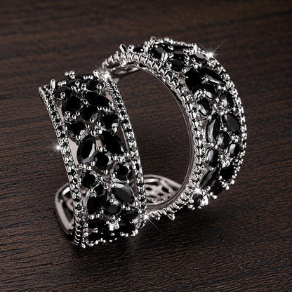 Hollow Blue Flower Hoop Earrings, Shiny Statement Wedding Party Jewelry