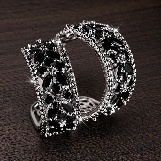 Hollow Blue Flower Hoop Earrings, Shiny Statement Wedding Party Jewelry