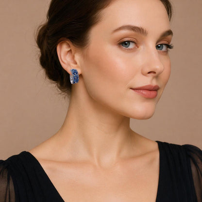 Hollow Blue Flower Hoop Earrings, Shiny Statement Wedding Party Jewelry