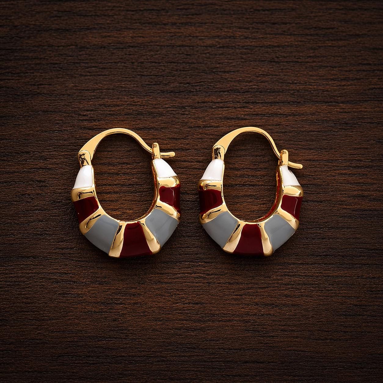 Retro French Geometric Enamel Hoop Earrings, Gold Tone Luxury Jewelry
