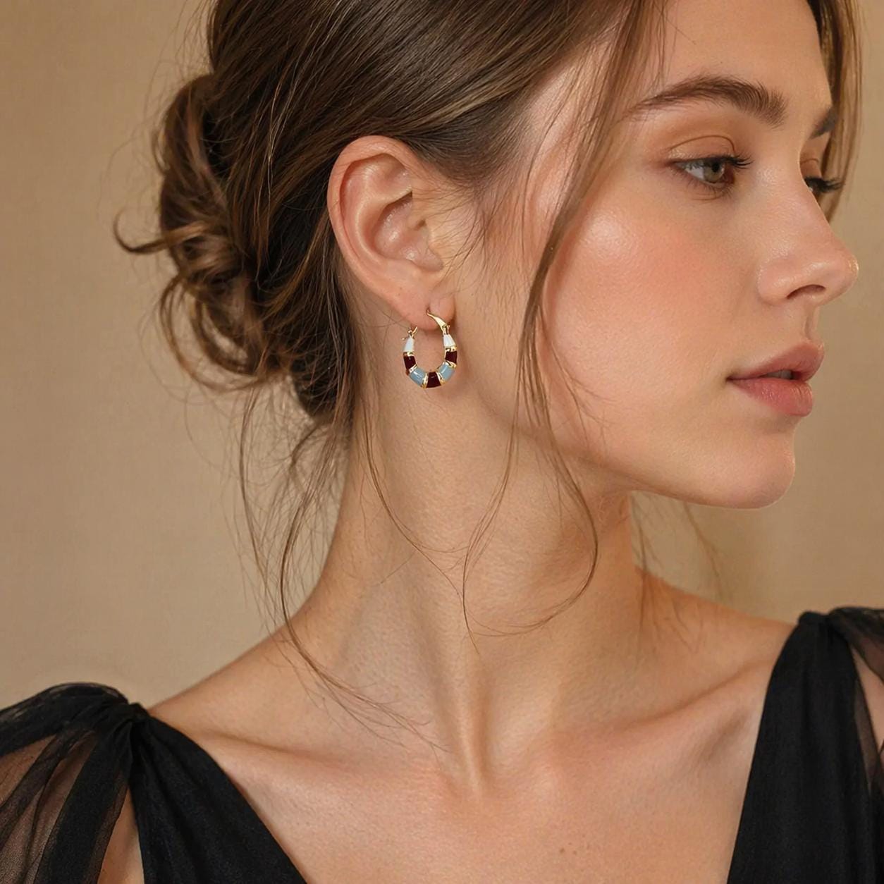 Retro French Geometric Enamel Hoop Earrings, Gold Tone Luxury Jewelry