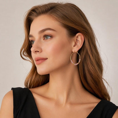 Gold Tone Hoop Earrings, Purple Rhinestone Statement Hoops, Elegant Jewelry