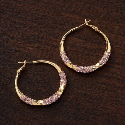 Gold Tone Hoop Earrings, Purple Rhinestone Statement Hoops, Elegant Jewelry