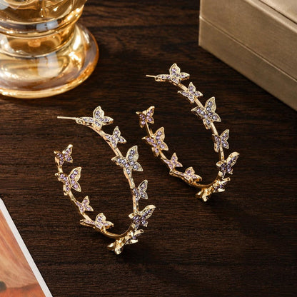 Gold Tone Butterfly Hoop Earrings, Rhinestone Crystal Statement Jewelry