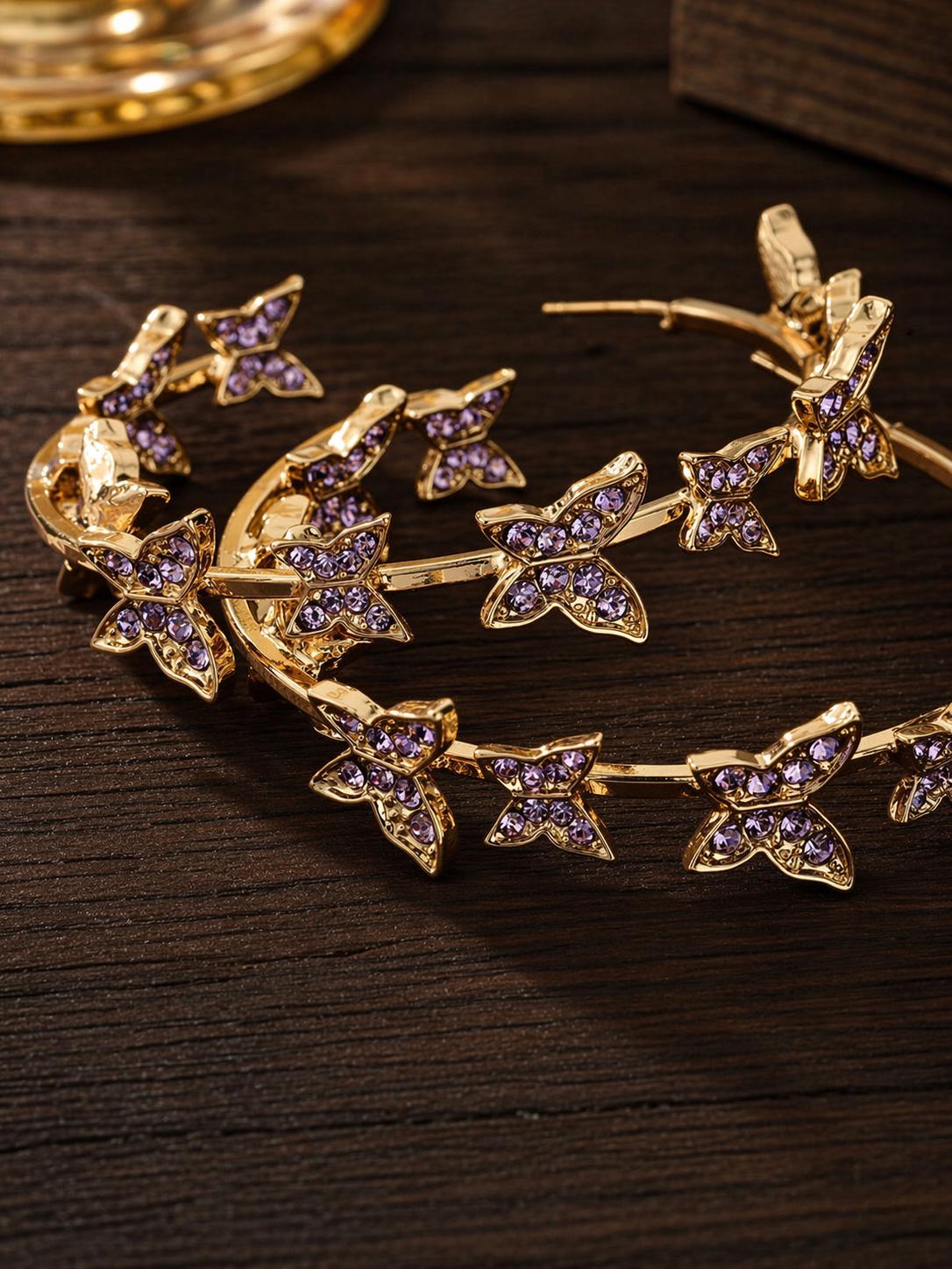 Gold Tone Butterfly Hoop Earrings, Rhinestone Crystal Statement Jewelry