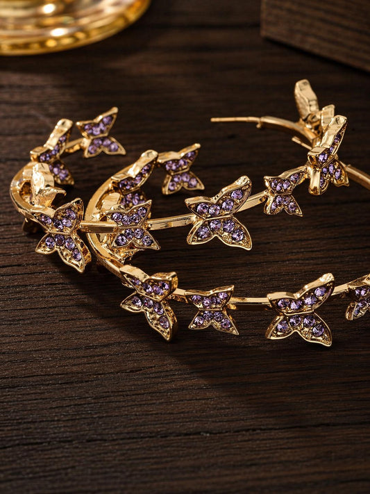 Gold Tone Butterfly Hoop Earrings, Rhinestone Crystal Statement Jewelry