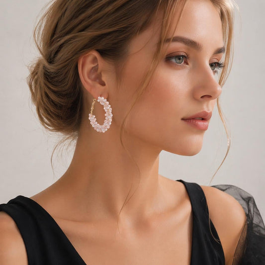 Pink Hoop Earrings with Faux Pearl Crystal Accents, Elegant Minimalist Jewelry