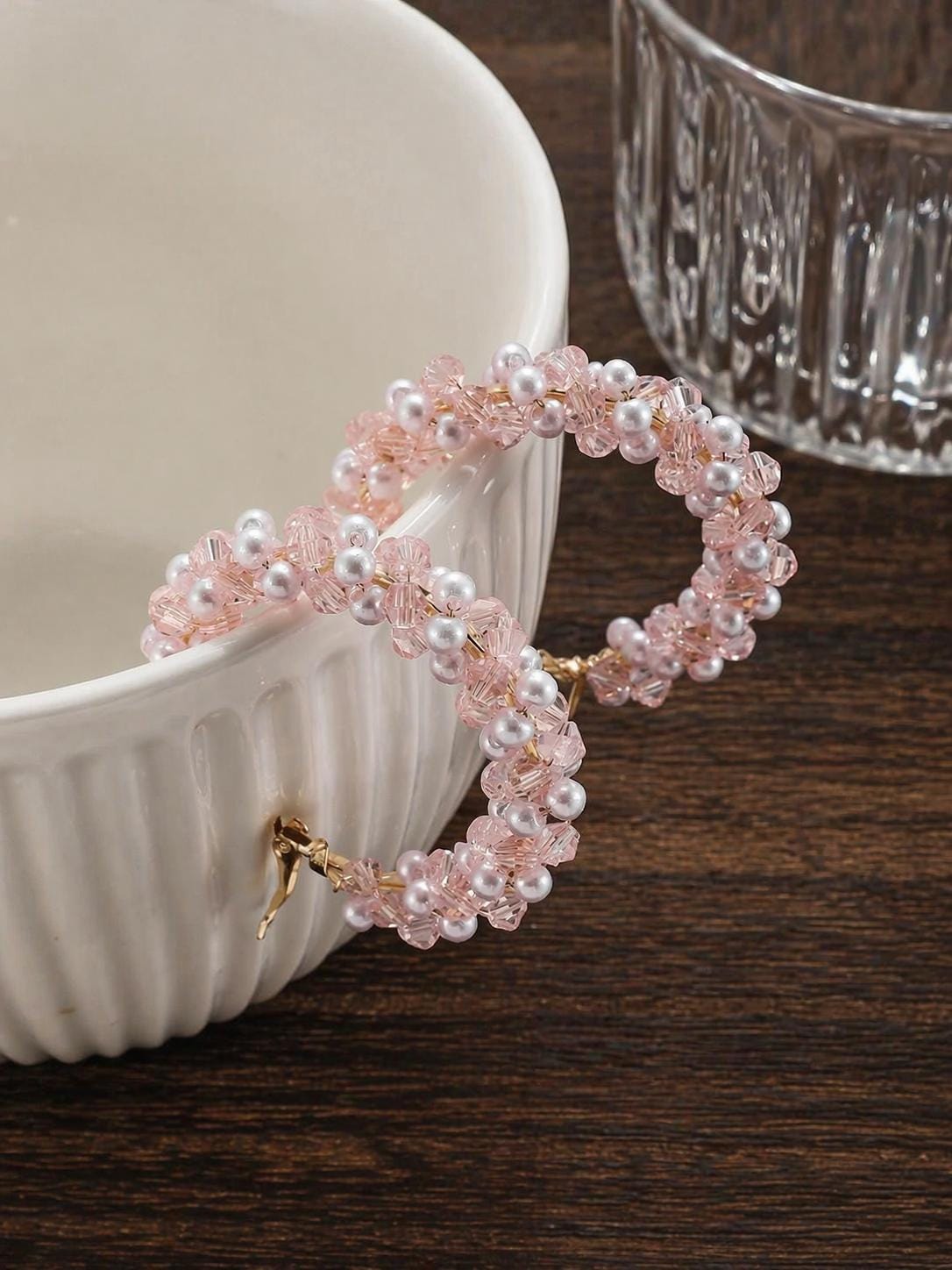 Pink Hoop Earrings with Faux Pearl Crystal Accents, Elegant Minimalist Jewelry