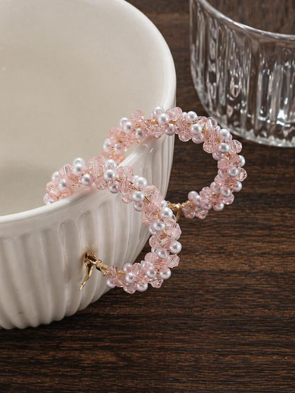 Pink Hoop Earrings with Faux Pearl Crystal Accents, Elegant Minimalist Jewelry