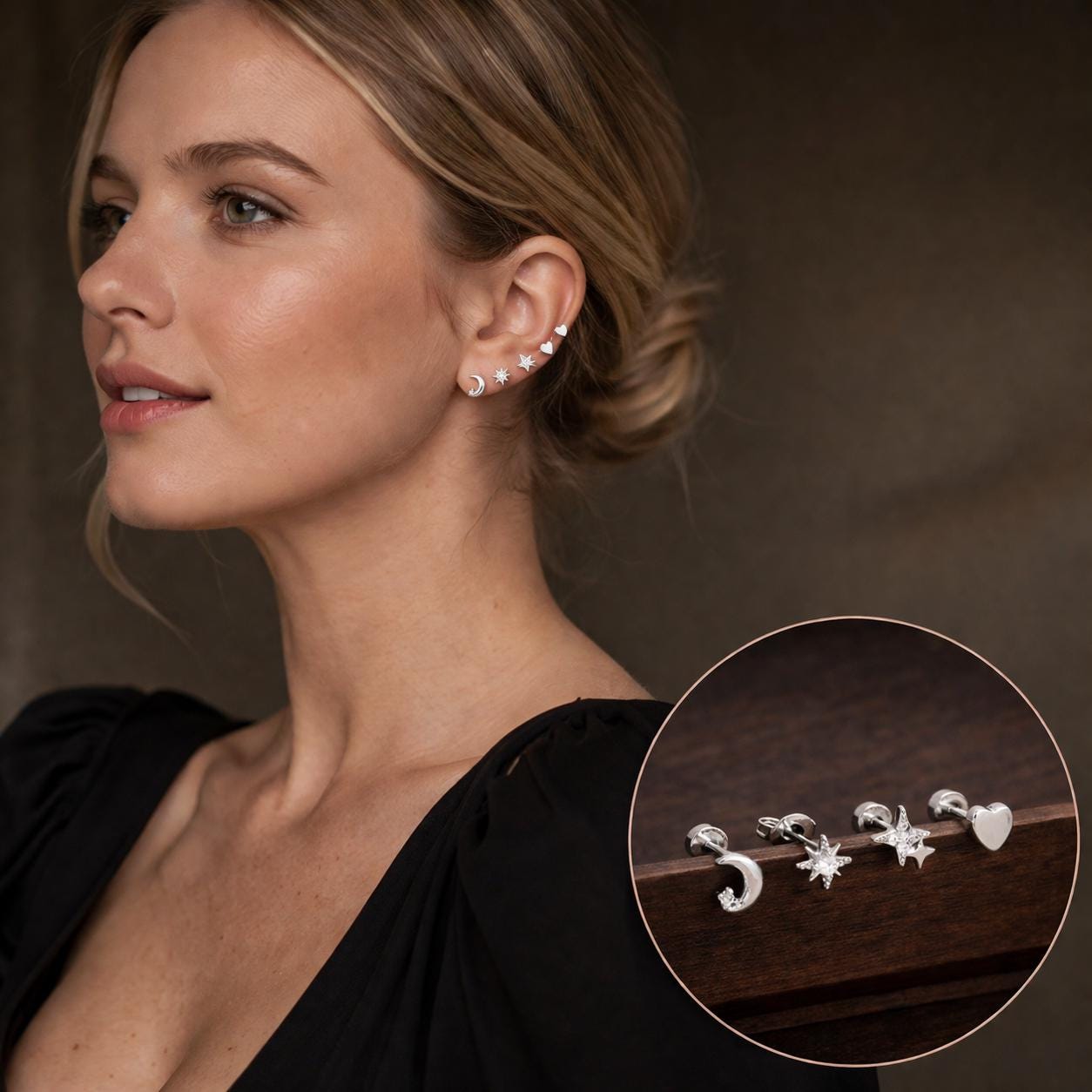Stainless Steel Star Moon Heart Stud Earrings Set, Punk Rock Unisex Piercing Jewelry