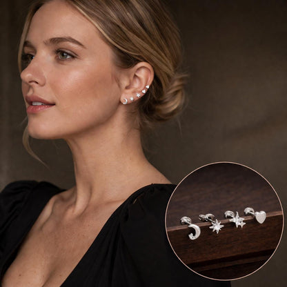 Stainless Steel Star Moon Heart Stud Earrings Set, Punk Rock Unisex Piercing Jewelry