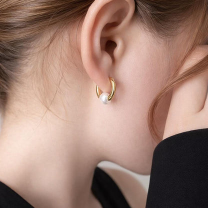 Retro Pearl Hoop Earrings: Small Gold-Tone Classic Minimalist Jewelry