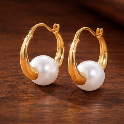 Retro Pearl Hoop Earrings: Small Gold-Tone Classic Minimalist Jewelry
