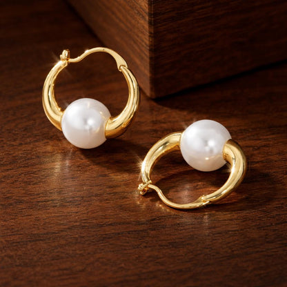 Retro Pearl Hoop Earrings: Small Gold-Tone Classic Minimalist Jewelry