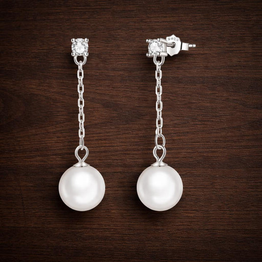 925 Sterling Silver Pearl Drop Earrings, White Gold Plated Dangle Bridal Jewelry
