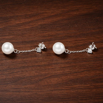 925 Sterling Silver Pearl Drop Earrings, White Gold Plated Dangle Bridal Jewelry