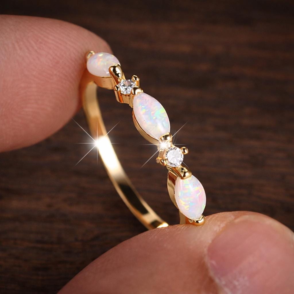 Small Marquise White Opal Ring, Vintage Gold Tone Band, Minimalist Wedding Jewelry