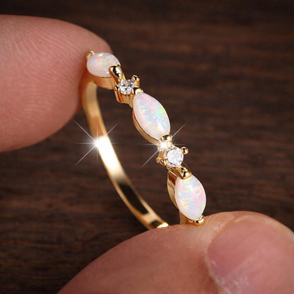 Small Marquise White Opal Ring, Vintage Gold Tone Band, Minimalist Wedding Jewelry