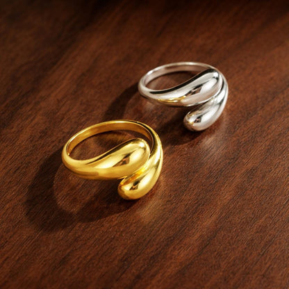 Stainless Steel Double Ball Open Ring – Minimalist Geometric Adjustable Gold Tone
