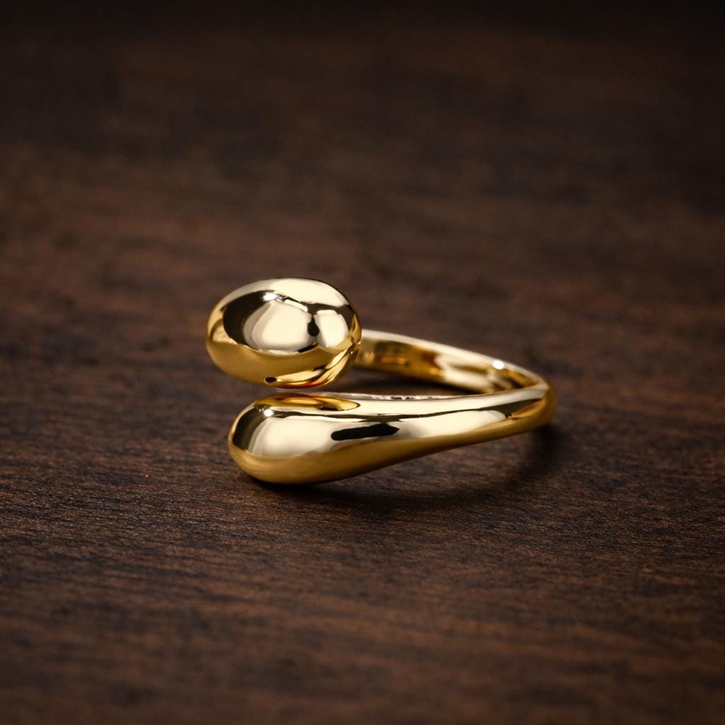 Stainless Steel Double Ball Open Ring – Minimalist Geometric Adjustable Gold Tone