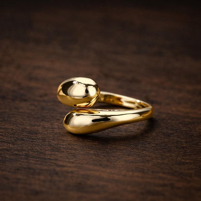Stainless Steel Double Ball Open Ring – Minimalist Geometric Adjustable Gold Tone