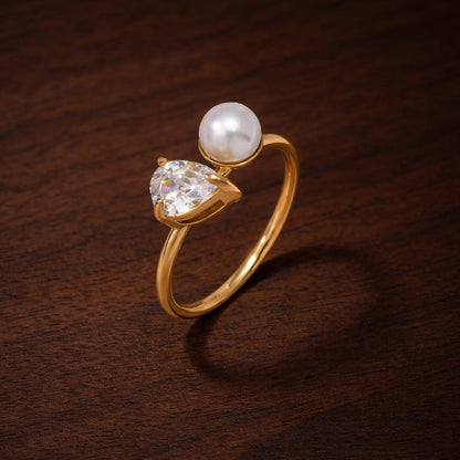 Pearl Teardrop Ring, Stainless Steel CZ Dainty Minimalist Waterproof Jewelry