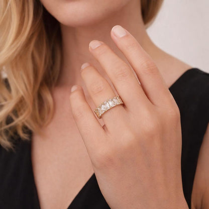 18K Gold Plated Square Zircon Ring, Waterproof Stainless Steel Minimalist Jewelry