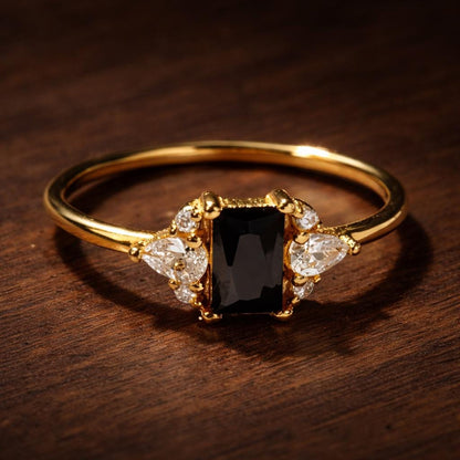 Square Black Zircon Ring, Minimalist Gold Plated Jewelry, Wedding Bride Statement Ring