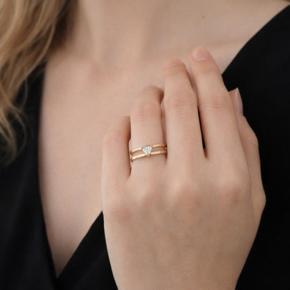 Gold Plated Stainless Steel Triangle Zircon Ring, Two Layer Geometric Stacking Jewelry